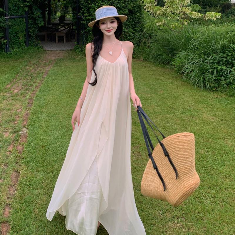 Premium Vacation Style Apricot V-neck Neck Suspender Dress Women's Summer Irregular Design Halter Dress