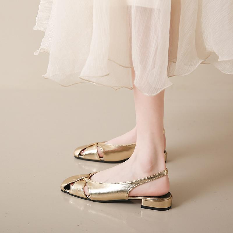 Sandale cu vârf gol pentru femei, pantofi din piele moale, cu vârf pătrat, cu fund plat și gură mică, mărime mare