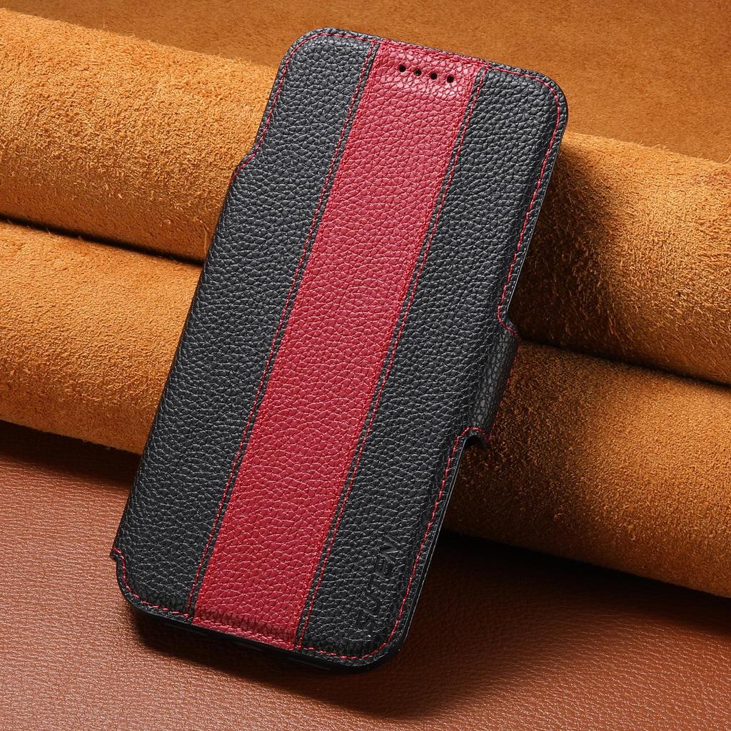 iPhone 17 Flip Case: Card Slot, Magnetic Snap, Wireless Charging Stand, Color Block Wallet, Leather