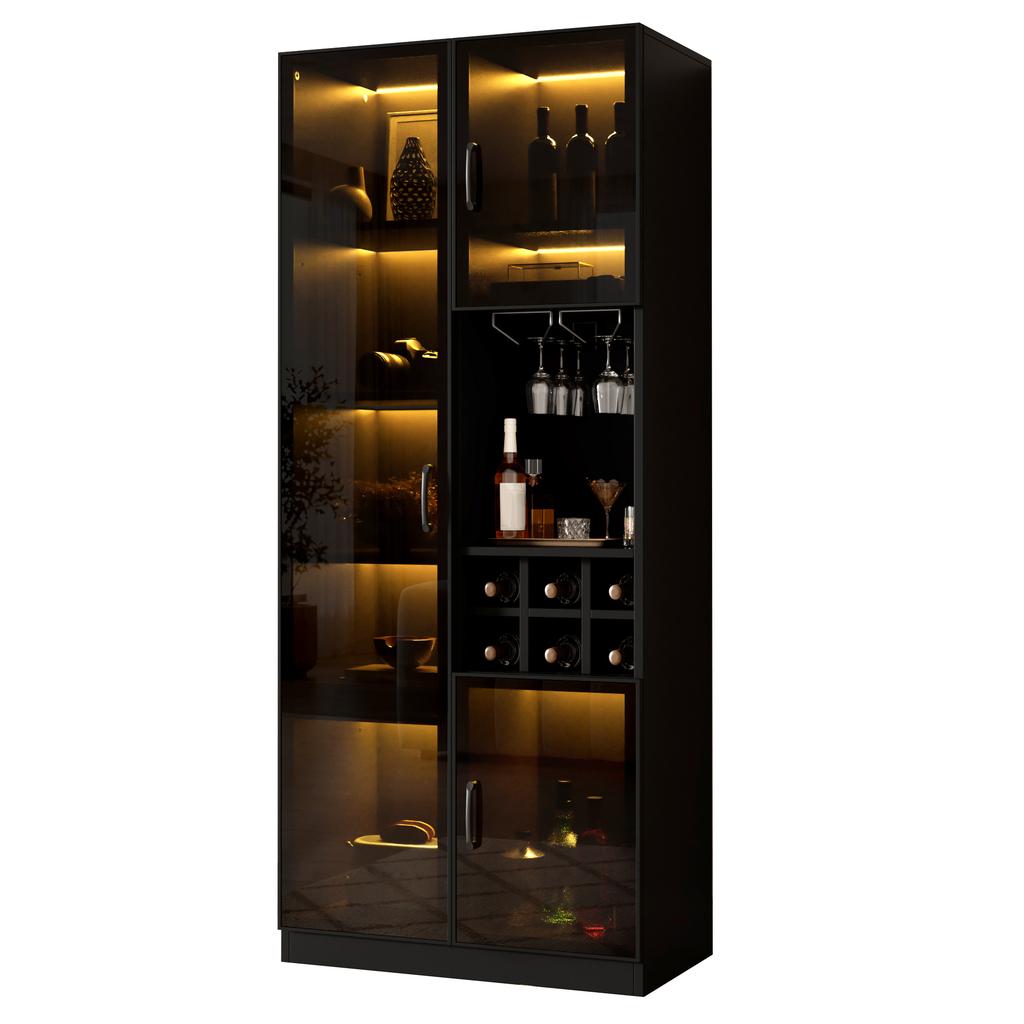 Vitrine mit LED-Beleuchtung App-Steuerbar, Glasschrank mit Glastüren, Weinregal und Stauraum, Wohnzimmerschrank