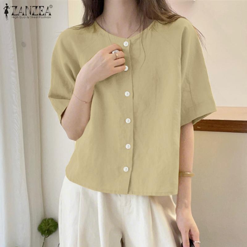 ZANZEA Women Casual Round Neck Loose Summer Half Sleeve Blouse