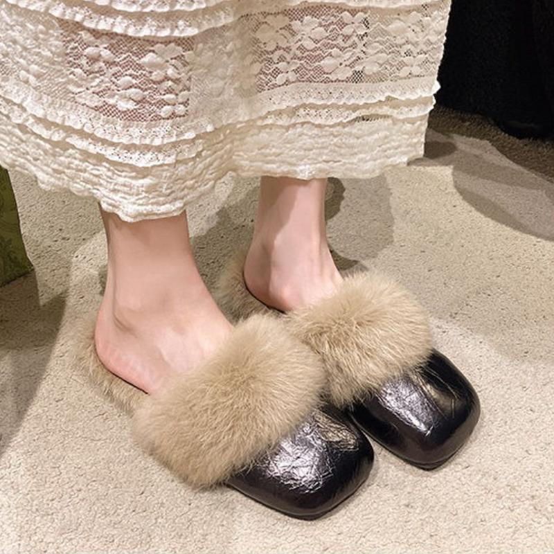 Women's Flat Slippers Autumn Winter Fashion Outdoor Warm Non Slip Plush Shoes Lightweight Comfortable Casual Half Slippers