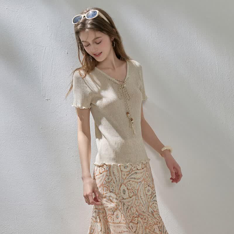 Sancai V-Neck Tassel Tie Short Sleeve Knit Top