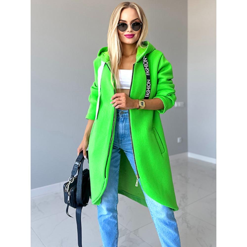 Sportovní fleecová mikina s kapucí, ležérní s dlouhým rukávem na zip, dámská nadměrná velikost, jednobarevný kabát