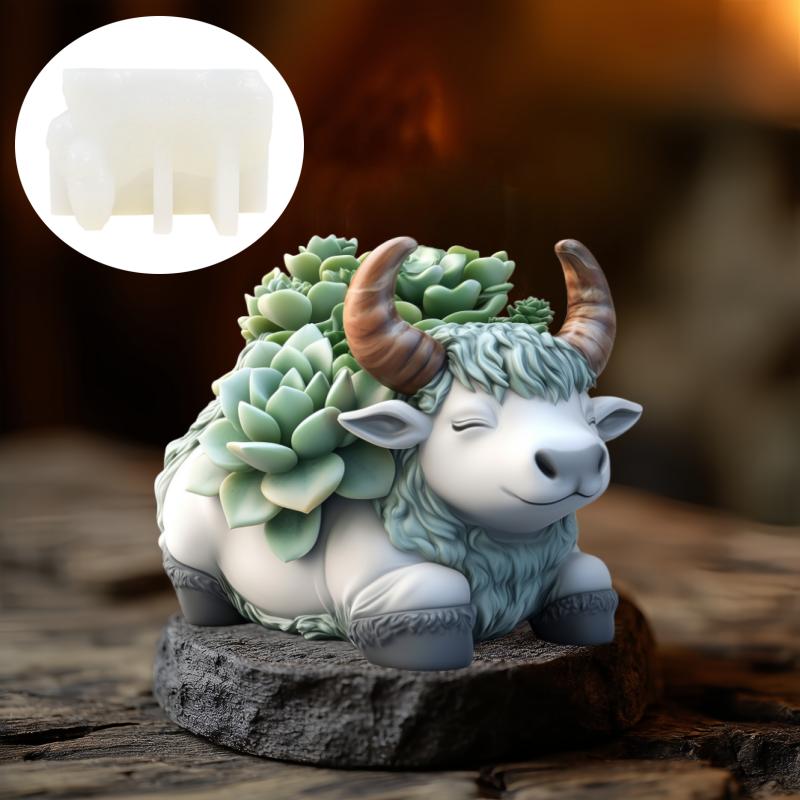 Yak Succulent Plant Flower Pot Resin Silicone Mold Sitting Cute Cow Storage Box Concrete Mould Cow Yak Candle Cup Gypsum Molds