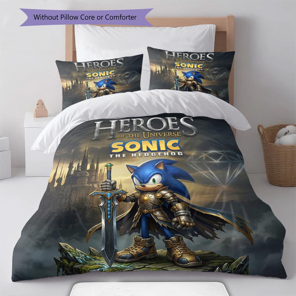 Sonic Hedgehog Pattern Bedding Quilt Set Quilt Cover Pillowcase Home Birthday Gift(1 * Duvet Cover + 2 * Pillowcase, Without Core)