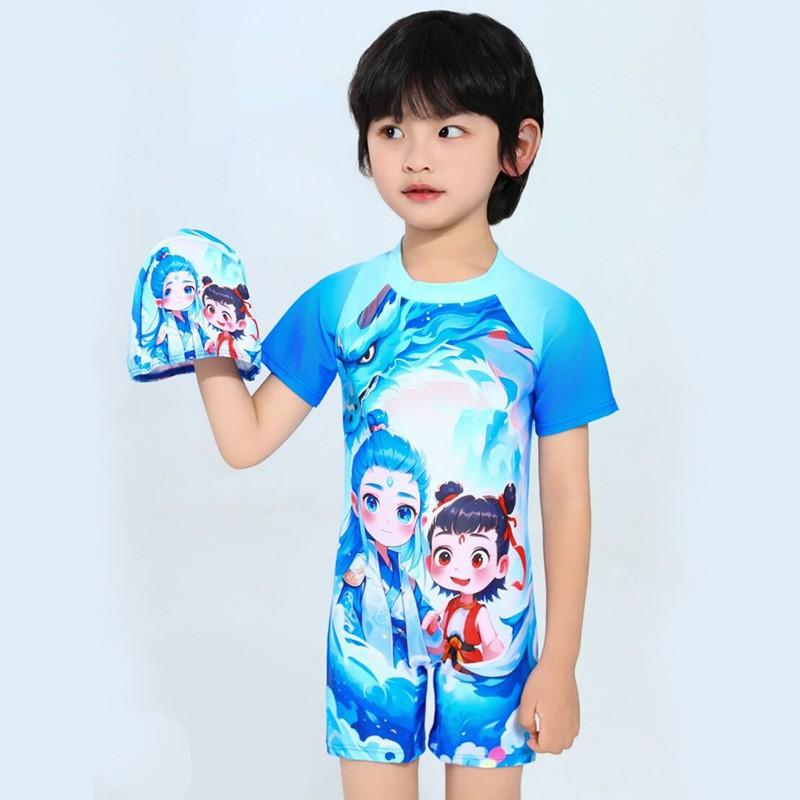 Children s Swimsuit Boy One-piece Cute Nezha Middle Small Children Hot Vacation S синий