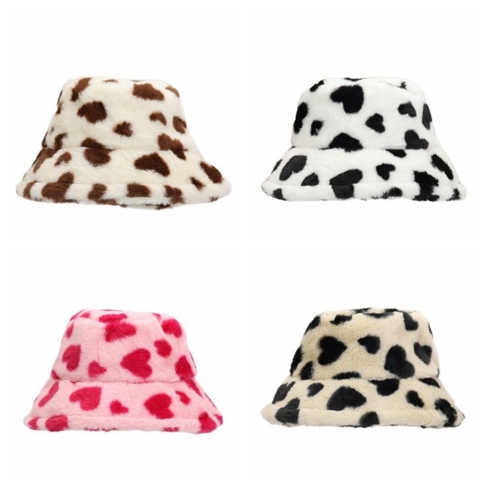 Fluffy Plush Fisherman Hat Thicken Winter Plush Hat Cute Love Heart Bucket Hat  Girl