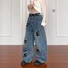 Design Pocket Letter Jeans Women's Summer Splicing Overalls High Street Hip Hop Wide Leg Pants