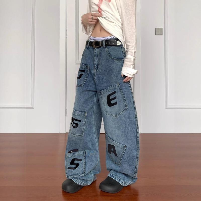 Design Pocket Letter Jeans Women's Summer Splicing Overalls High Street Hip Hop Wide Leg Pants