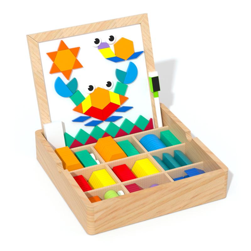 Double-Sided Wooden Magnetic Puzzle & Drawing Board: Tangram & Geometric Building Blocks for Kids' Education
