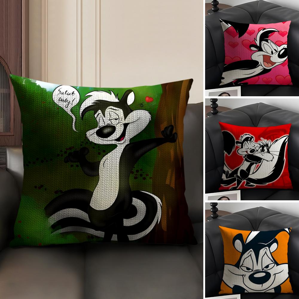 P-Pepe Lee Pew Cartoon Cushion Cover Natural Linen Organic Fabric Double-Sided Printing Sofa Home Decor Gift Pillow Case