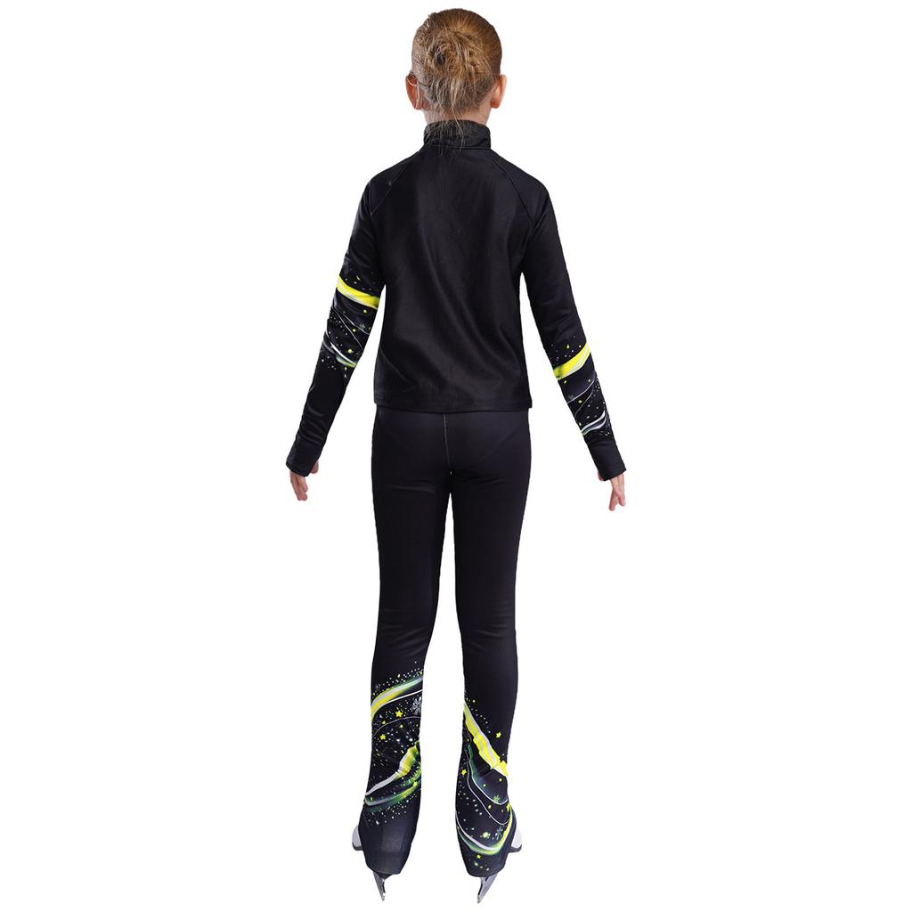 Girls Figure Skating Costume Long Sleeve Printed Sweatshirt Jacket Leggings Gymnastics Dance Practice
