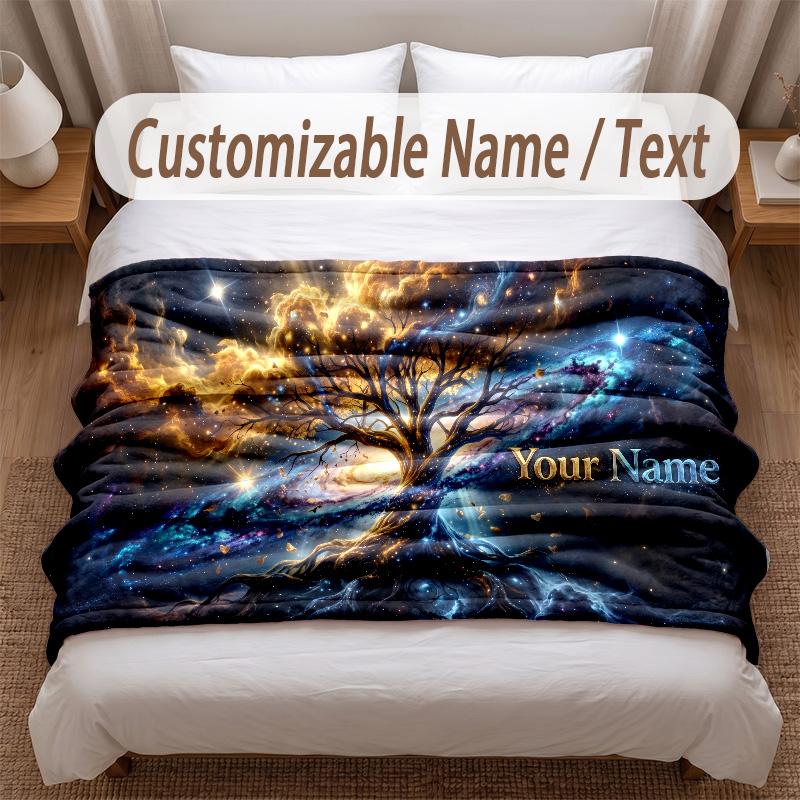 Pătură moale cu tematica Arborele Vieții Personalizată cu Numele Clientului Text Imprimat Pătură Caldă Decor pentru Casă Canapea Dormitor