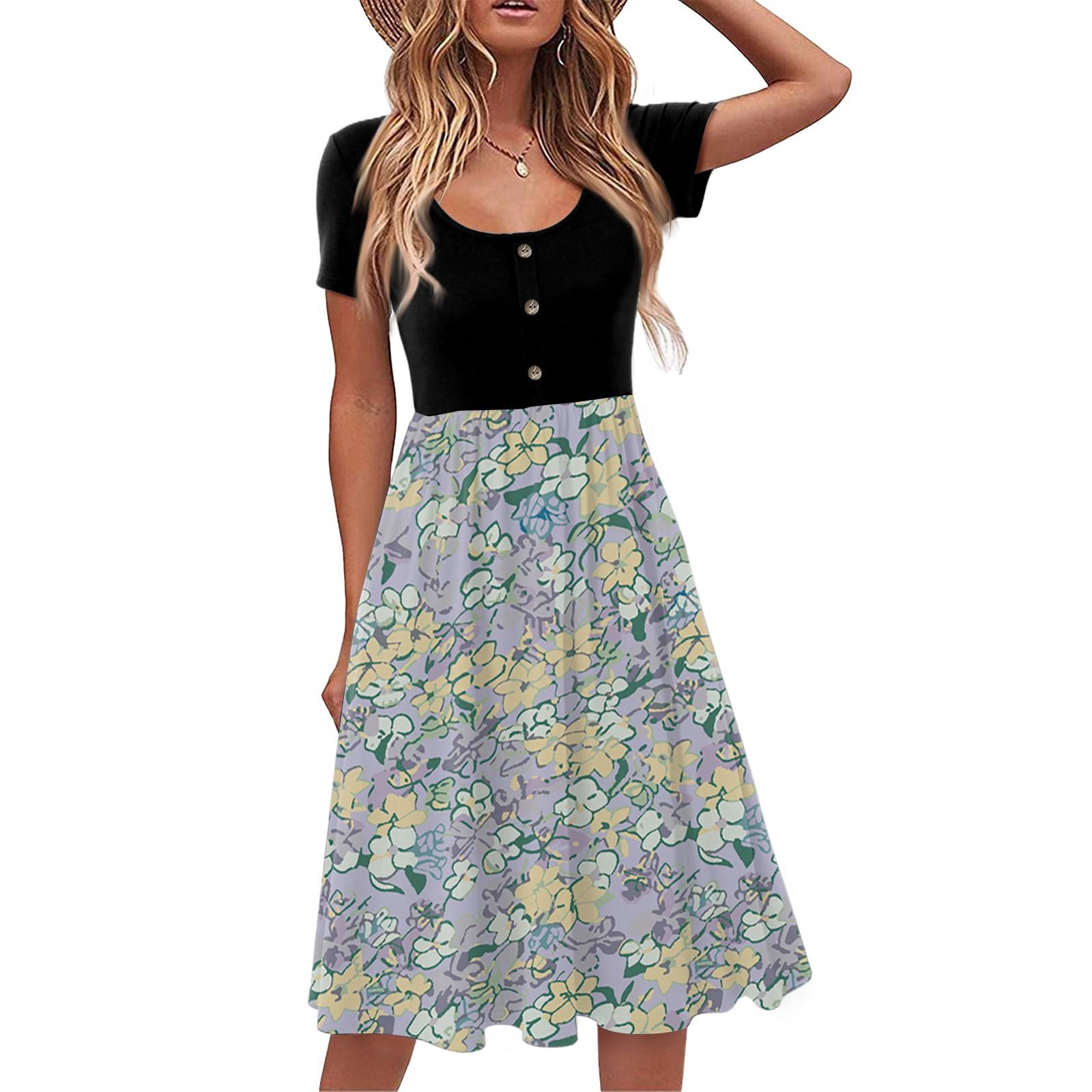 Модное женское летнее винтажное цветочное платье Элегантное платье миди с коротким рукавом XXL