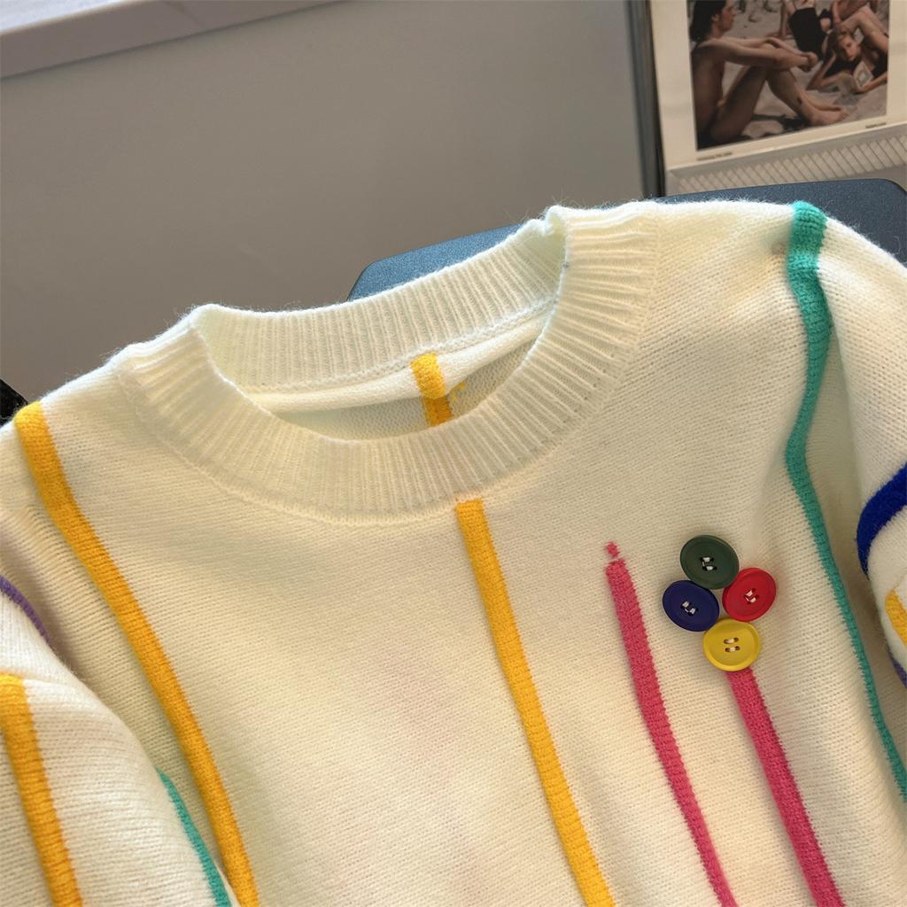 Bunt gestreifte Quasten Strickpullover Damen Stilvolle lockere Mode schicke Pullover Herbst Winter Langarm O Hals Jumpe