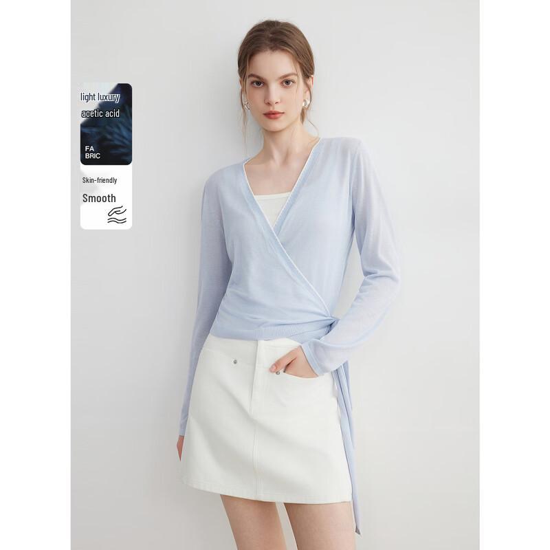 ELLE Lyocell Tencel V-Neck Tie Knit Cardigan S