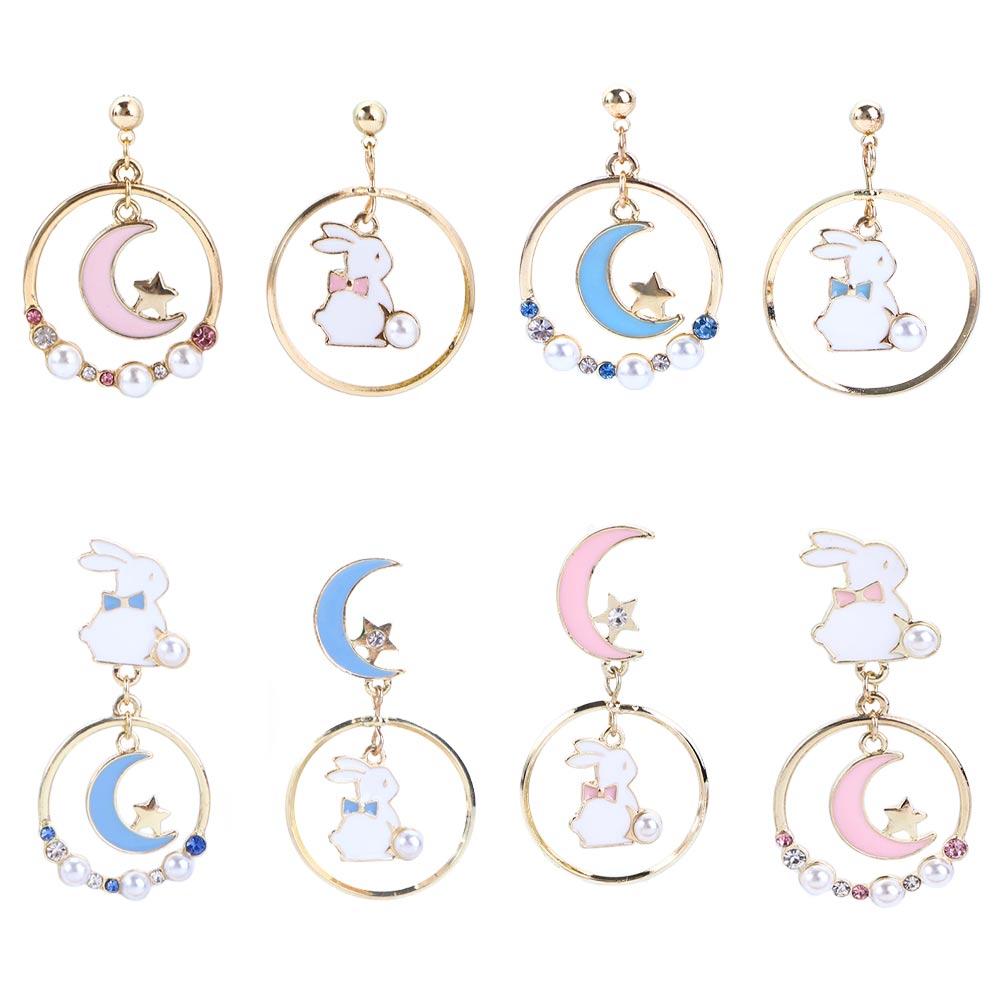 Personality Sweet Moon Girl Pink Asymmetric Earrings Anti Allergy Rabbit Drop Earrings Enamel