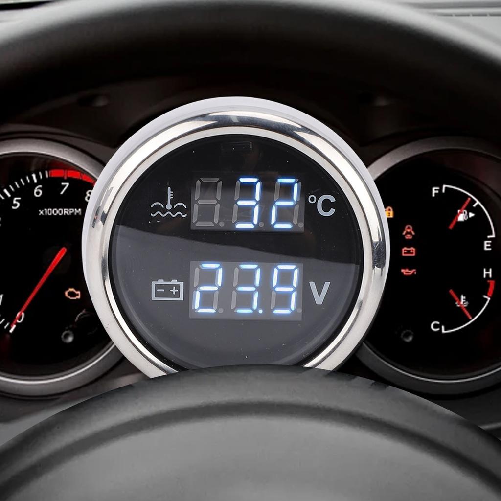 52mm 2 in 1 Digital Water Temperature Voltage Gauge with White Backlight Car Boat Water Temp Voltmeter for Cars RVs Trucks Ships
