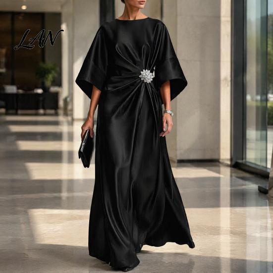 Lightweight Summer Dress Women's Satin Batwing Sleeve Maxi Dress, Rhinestone Accent Crew Neck Elegant Solid Color Evening Party A Line Formal Wedding
