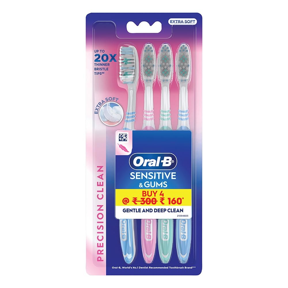 Oral-B Pro Clean Sensitive Extra Soft Manual Toothbrush, Extra Soft bristles, Gently Removes Germs, Multicolour Toothbrush Set, (Pack of 4)