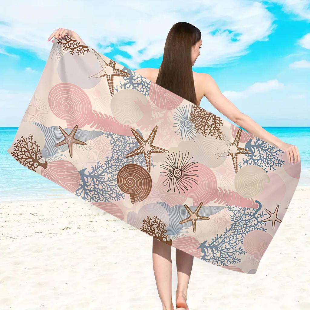 1pc Vintage Marine Organism Printed Beach Towel, Ultra-fine Fiber Absorbent Beach Towel, Outdoor Vacation Beach Swimming Towel