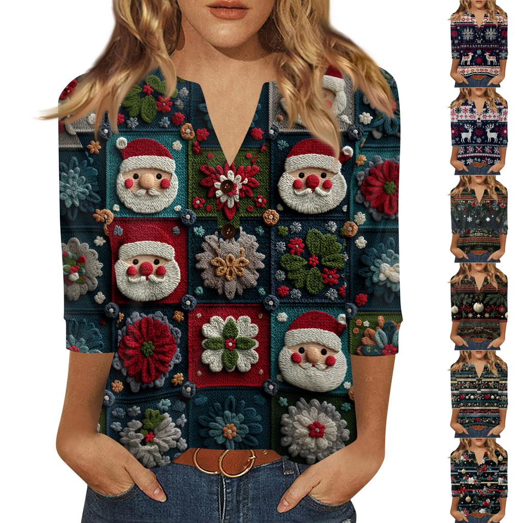 Women's T Shirt Print Button 3/4 Sleeve Daily Weekend Fashion Basic V- Neck Regular Top