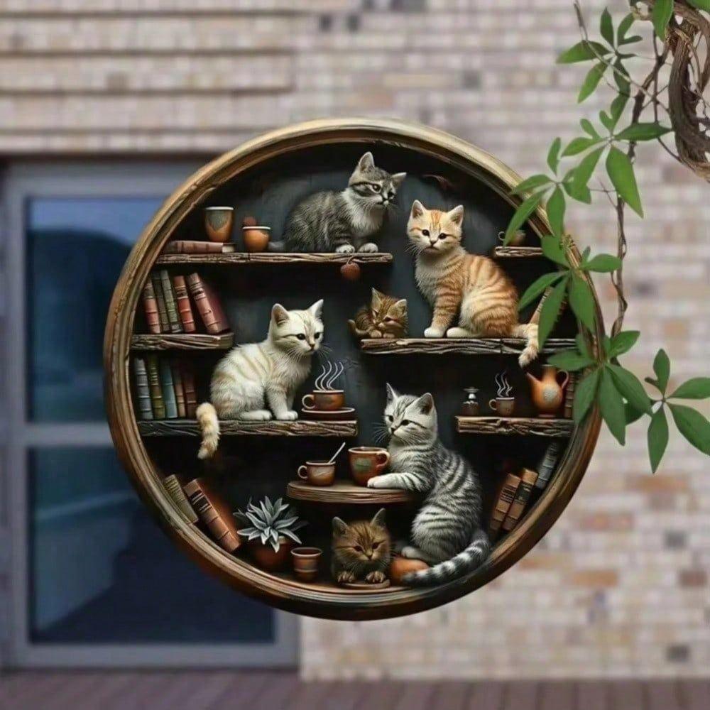 Vintage Metal Tin Sign Cat Library Retro Round Wall Art Home Decor