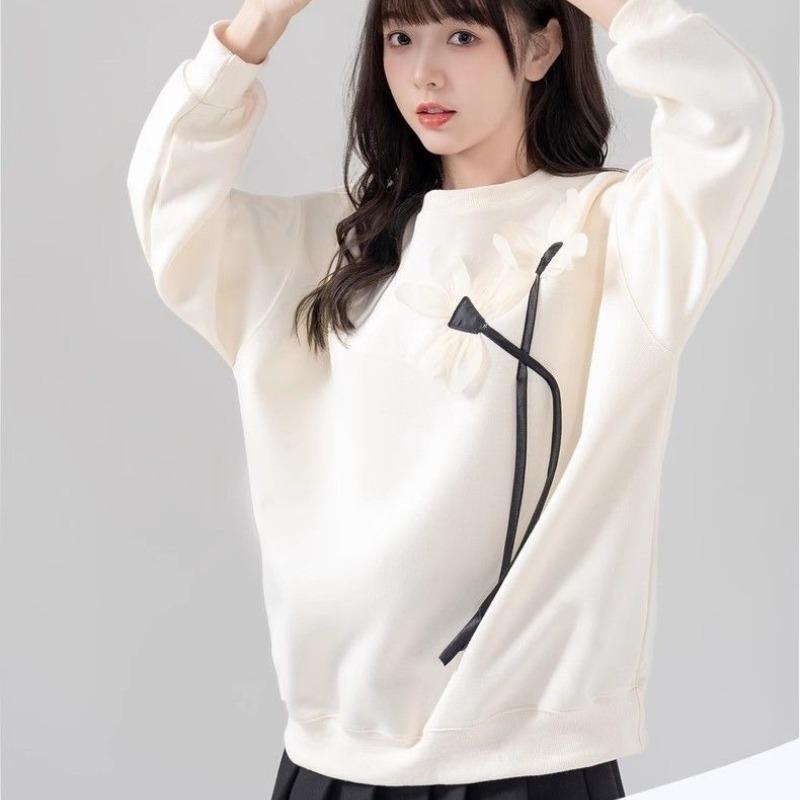 Women's 3D Decorative Hoodie Korean Version Loose Round Neck Flower Pattern Hoodless Sweatshirts Autumn Minimally Casual Daily Famale Top