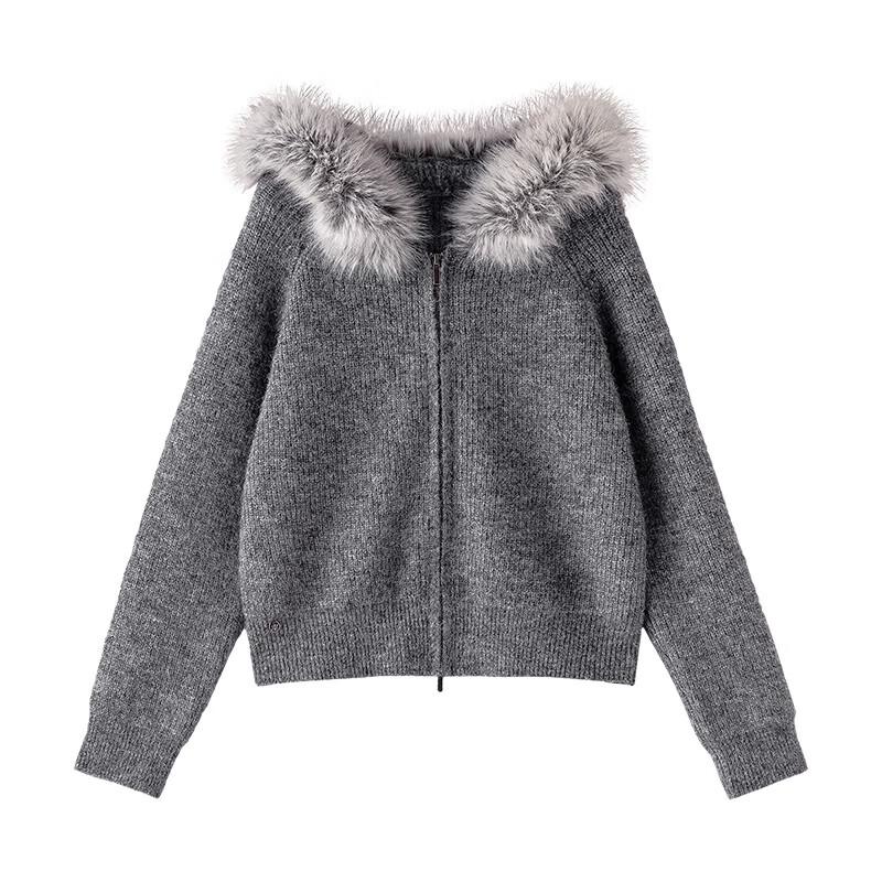Women's Wool Blend Hooded Knit Cardigan with Faux Fur Collar