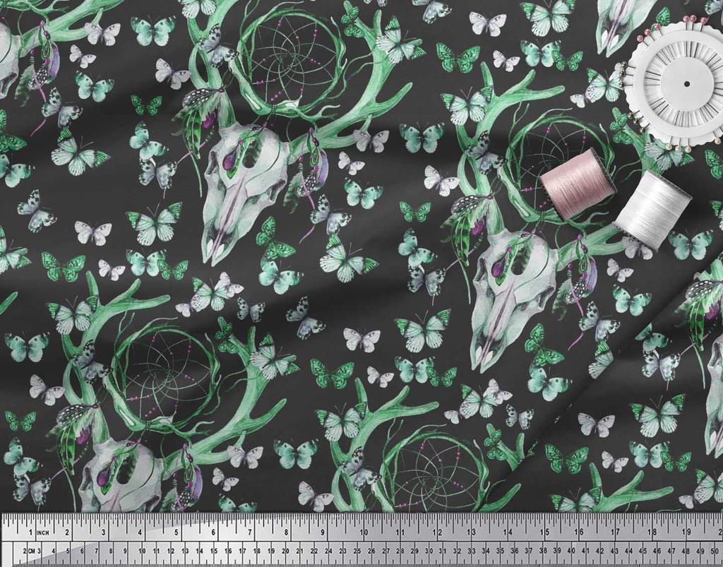 Soimoi Green Japan Crepe Satin Fabric Insect|Dream Catcher & Reindeer Face Animal Fabric Prints by Yard 42 Inch