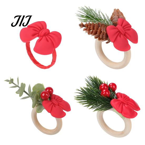 Christmas Eve Party Table Decor Mini Napkin Ring, Small Red Bow Wooden Holder with Reusable Supplies Berries Pine Cones for New Year Dinner
