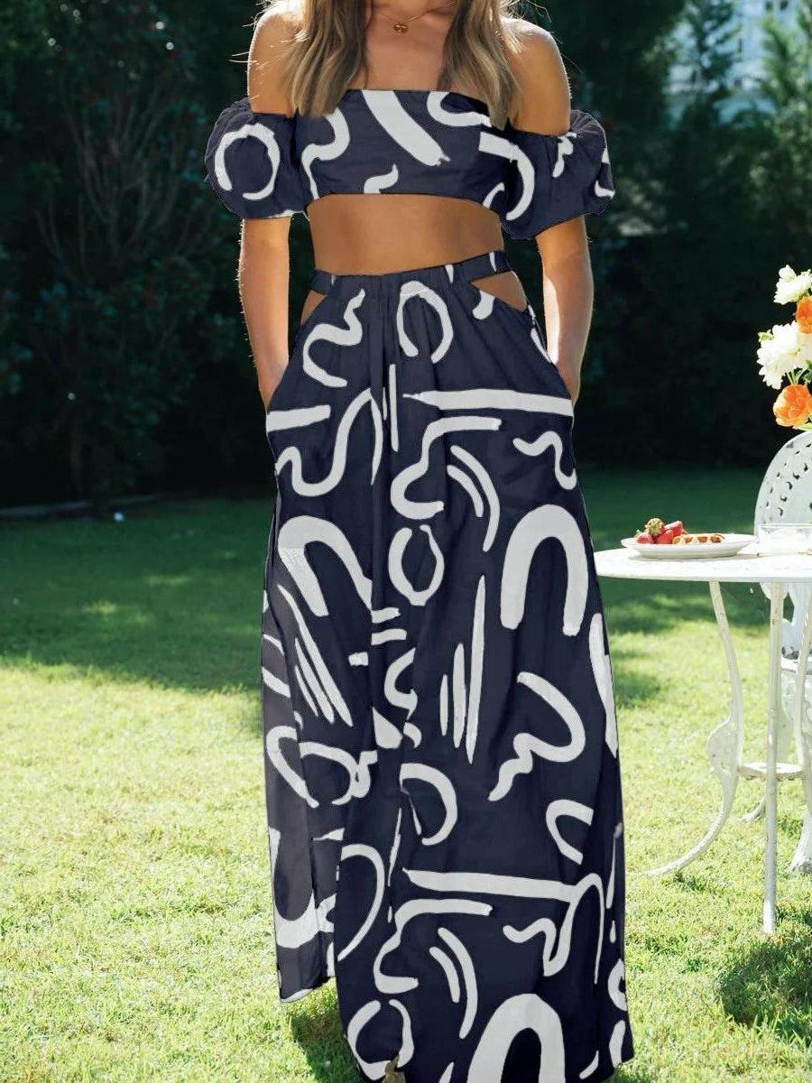 

Women s Summer New Arrivals Hollow Puff Sleeve Maxi Dress Set XL синий