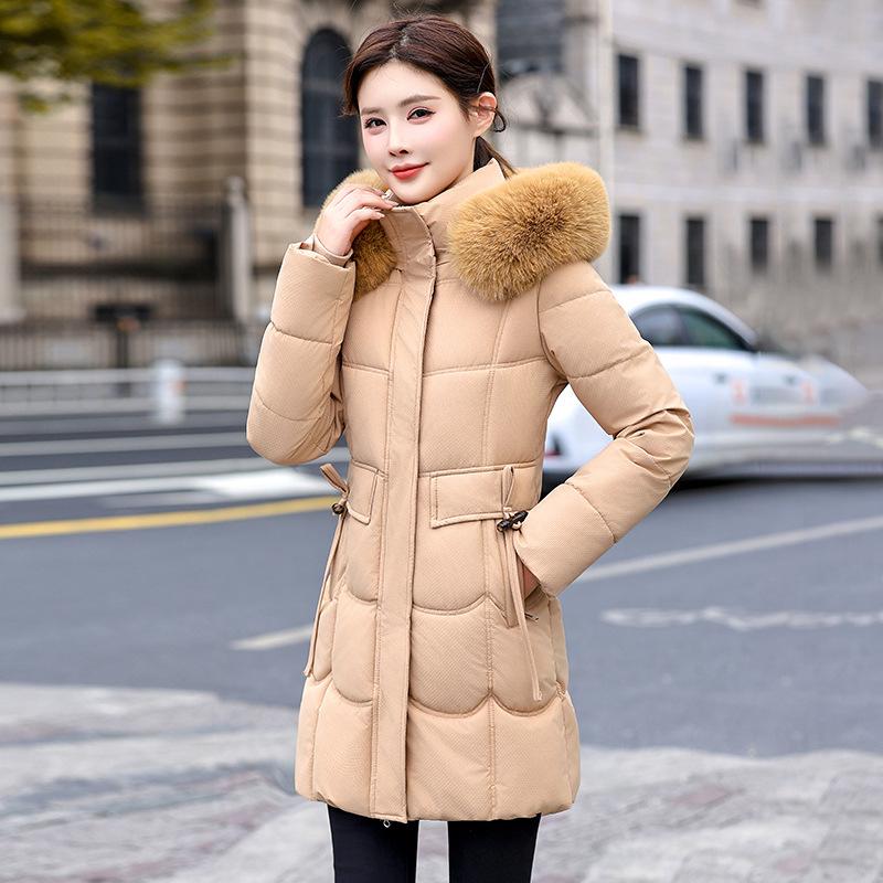 Large Fur Collar, Slim Waist, Down Cotton Jacket, Temperament and Age-reducing Mid-length Cotton Jacket