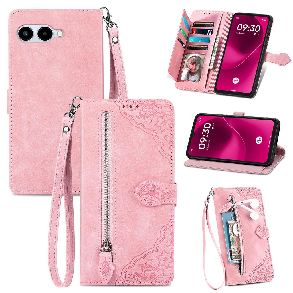For T-Mobile REVVL 8 Zipper Wallet Case with Strap Flower Imprint PU Leather Phone Cover