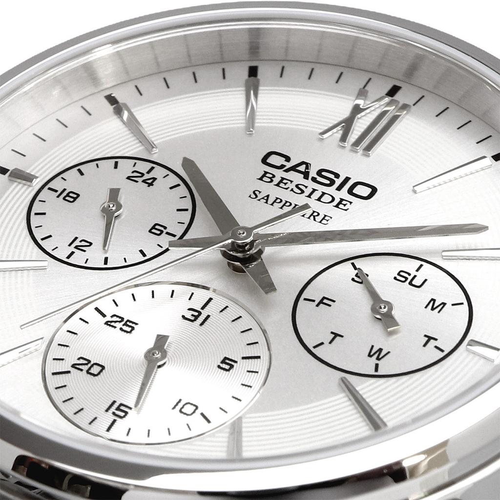 CASIO BESIDE Quartz Sapphire Solid Silver Men's Watch, Glass, Band, Multi-axis, 24-hour Display