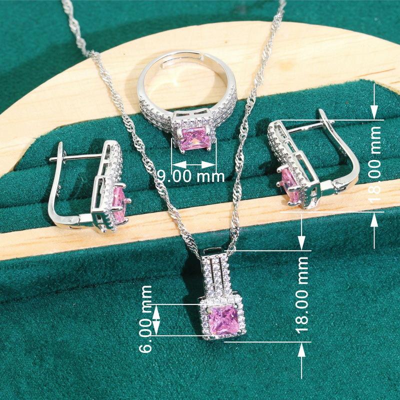 Pink Zircon Bracelet Necklace Earrings Open Ring Lady Jewelry Set