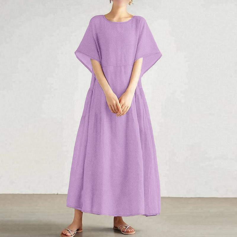 ZANZEA Women Casual Round Neck Loose Summer Short Sleeve Dress