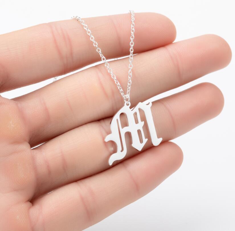 Gothic Old English Initial Necklace Stainless Steel Monogram 26 Letter Alphabet Necklace Jewelry Accessories Collier Femme
