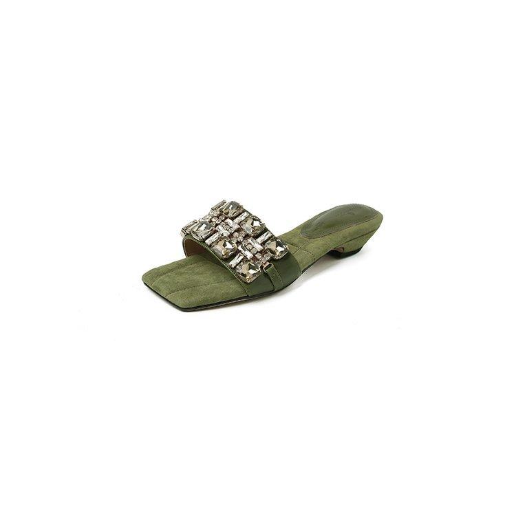 Comfort Version~ French Temperament Rhinestone High-end Sense with Sandals Women's Summer Wear Versatile Thick Heel Cool Slippers