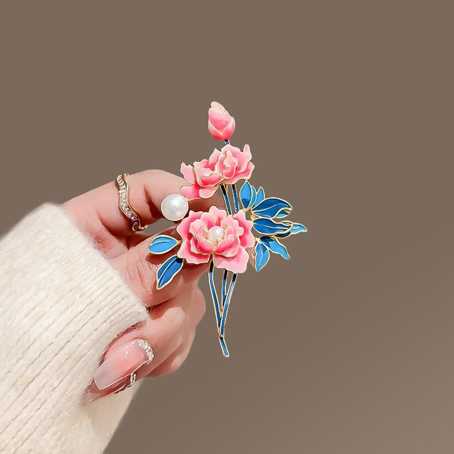 Spilla Fiore Delicato Peonia Fine Pietra Preziosa Stile Cinese Smalto Colore Accessori Cheongsam Hanfu Spille di Lusso Per Donne PD1974