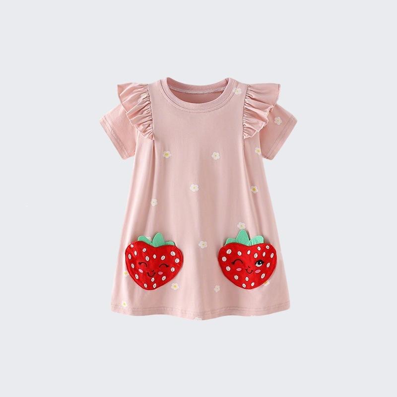 Girls Summer Short Sleeve Round Neck Cute Dress for Toddlers and Kids 100 розовый