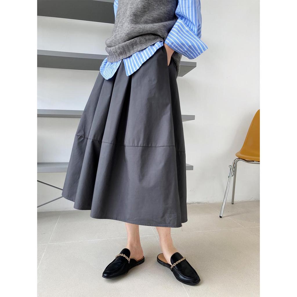 Luxi Autumn High Waist Slim Puffy A-Line Skirt with Elastic Waist and Medium Long Swing.