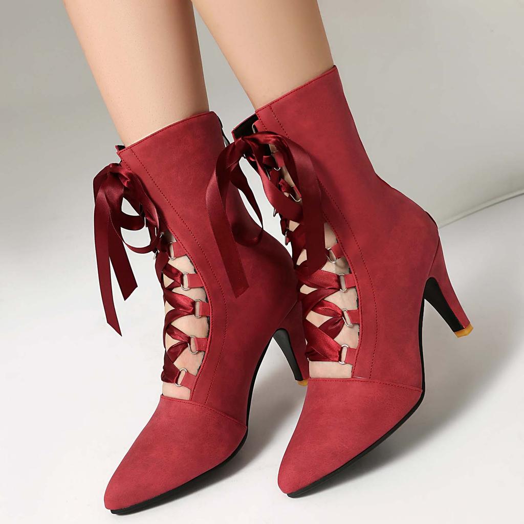 Y2k Women Boots Chunky Heels Lace Up Cute Bow Knot Cosplay Costumes Witch Medieval Mid Calf Boots Vintage Gothic Character Shoes