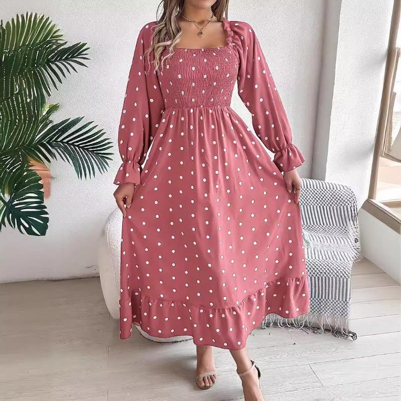 Women Casual European American Polka Dot Ruffled Square Neck Long Sleeve Flared Maxi Dress