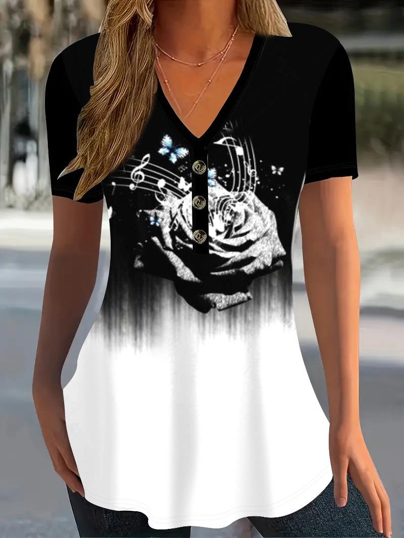 Amazon Independent Station sells summer women s short-sleeved T-shirts, summer V-neck casual button-printed short-sleeved tops S