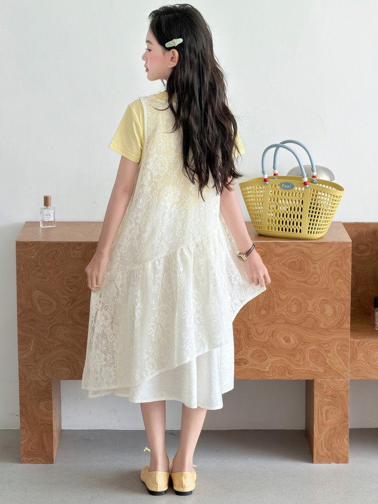 Koreanischer Stil Spitzen Sommer Zweiteiler Kleid mit unregelmäßigem Patchwork - Schichtendesign Midi