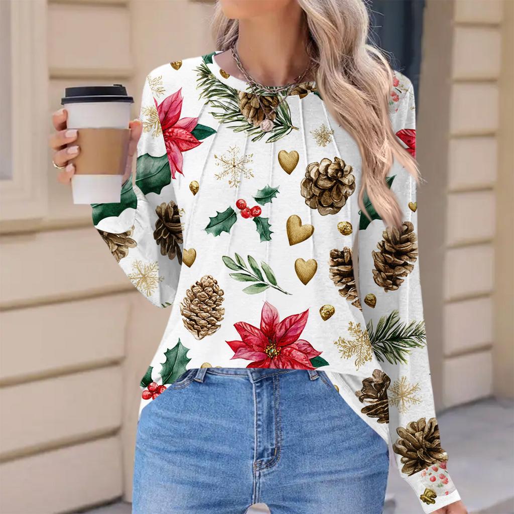 Women's Fashionable Casual Christmas Printed Pleated Comfortable Round Neck Loose Long Sleeve T-Shirt Top