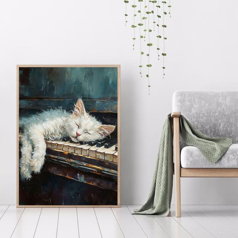 Cute White Cat Dogs Golden Retriever Bulldog Oil Painting Canvas Print Nordic Poster Wall Picture Kids Room Home Decor Cuadros
