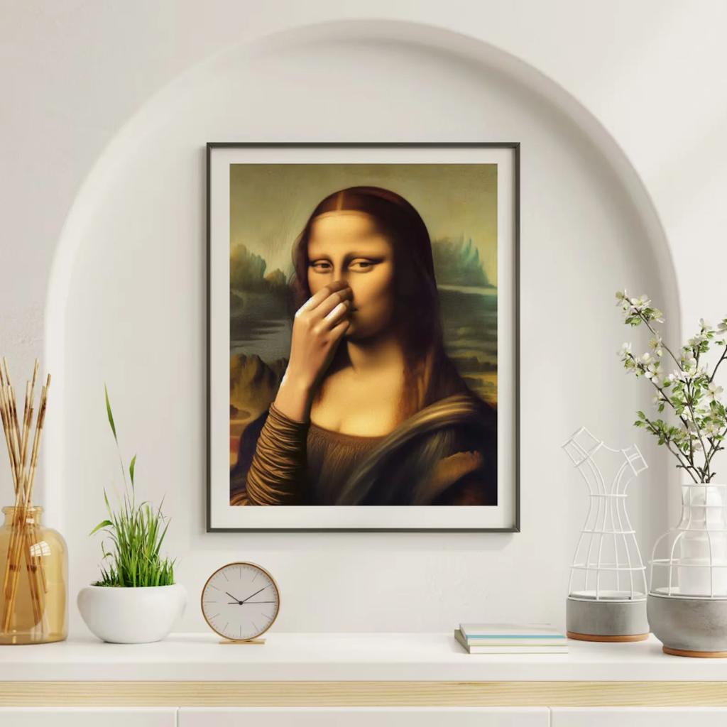 Parodie Mona Lisa Koupelnová Nástěnná Umělecká Dekorace Zakrývající si Nos Vintage Plakát Špatný Zápach Toaletní Humor Vtipné Leonardo Da Vinci
